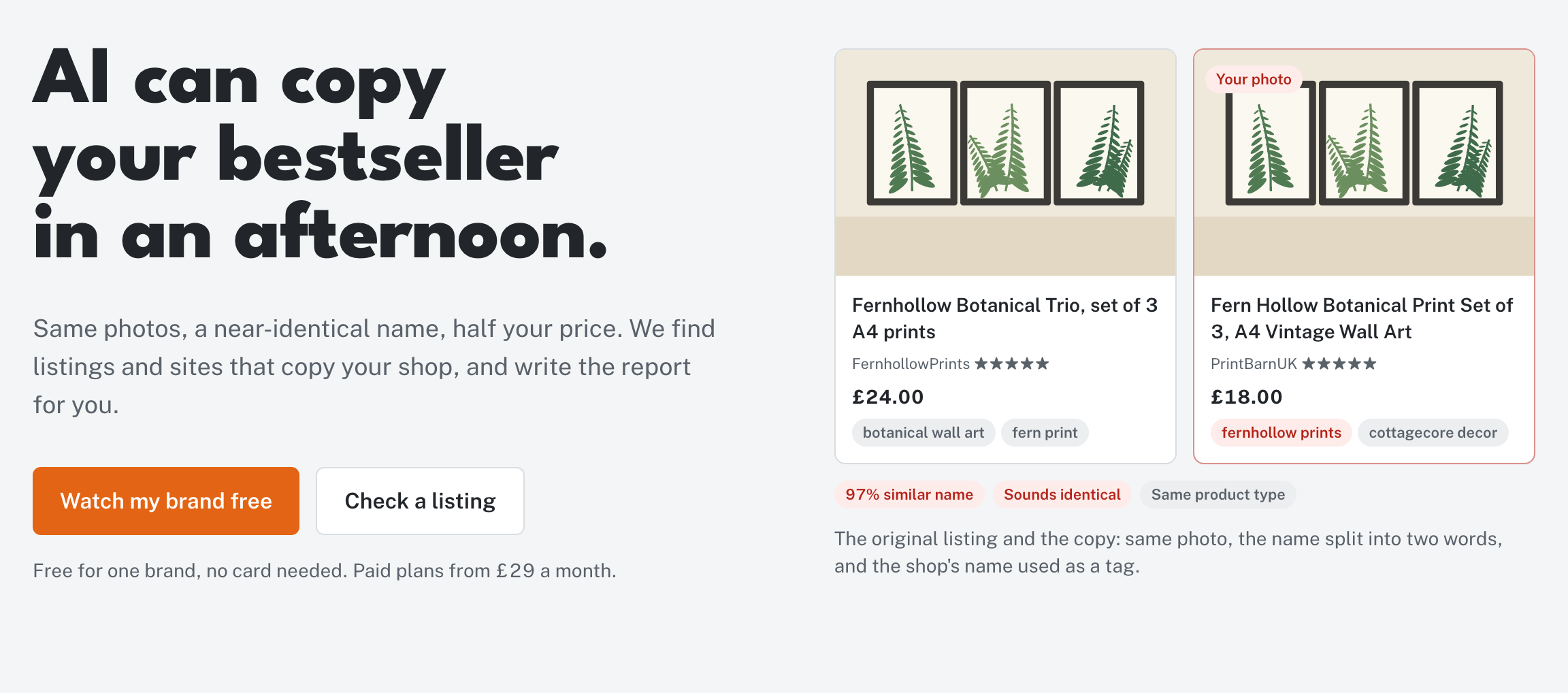 The Infringement Ninja landing page: an original listing and its copy side by side
