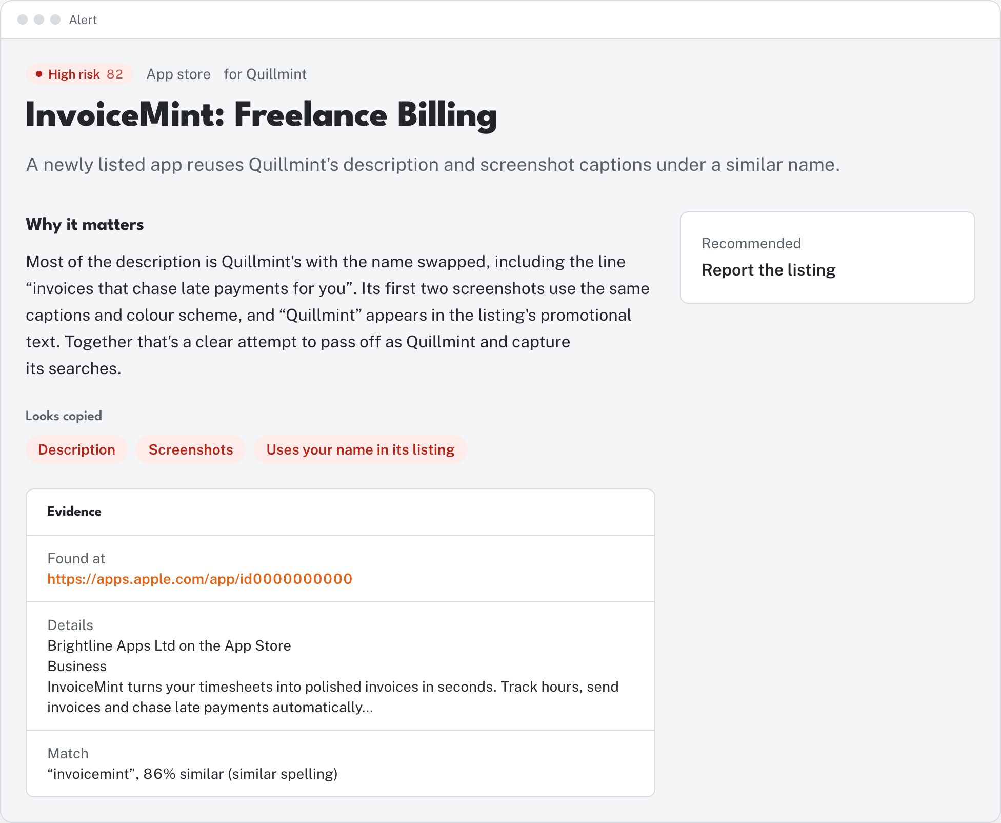 An App Store lookalike flagged for a copied description, screenshots and keywords