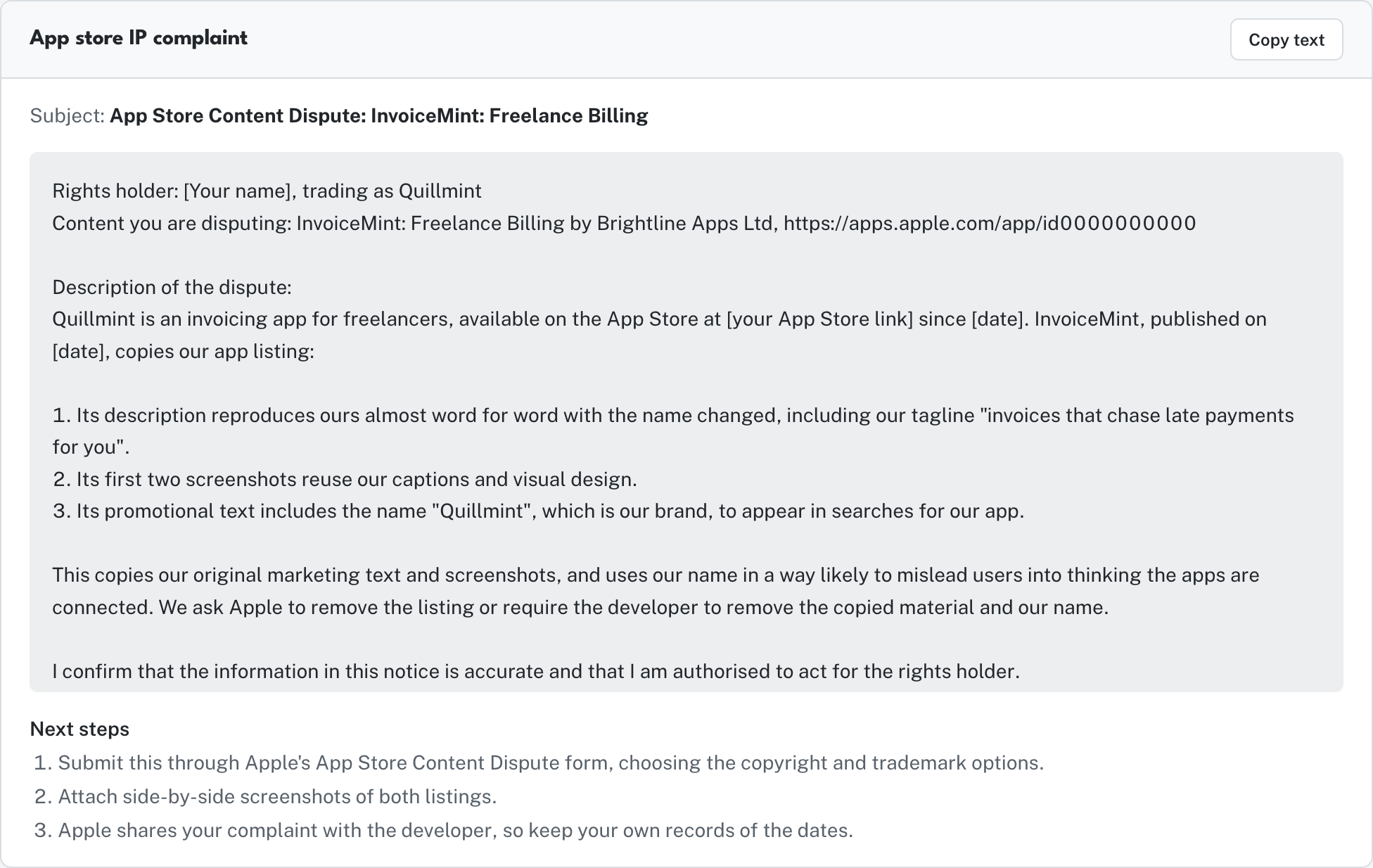 An app store IP complaint drafted, ready to paste into the store’s form