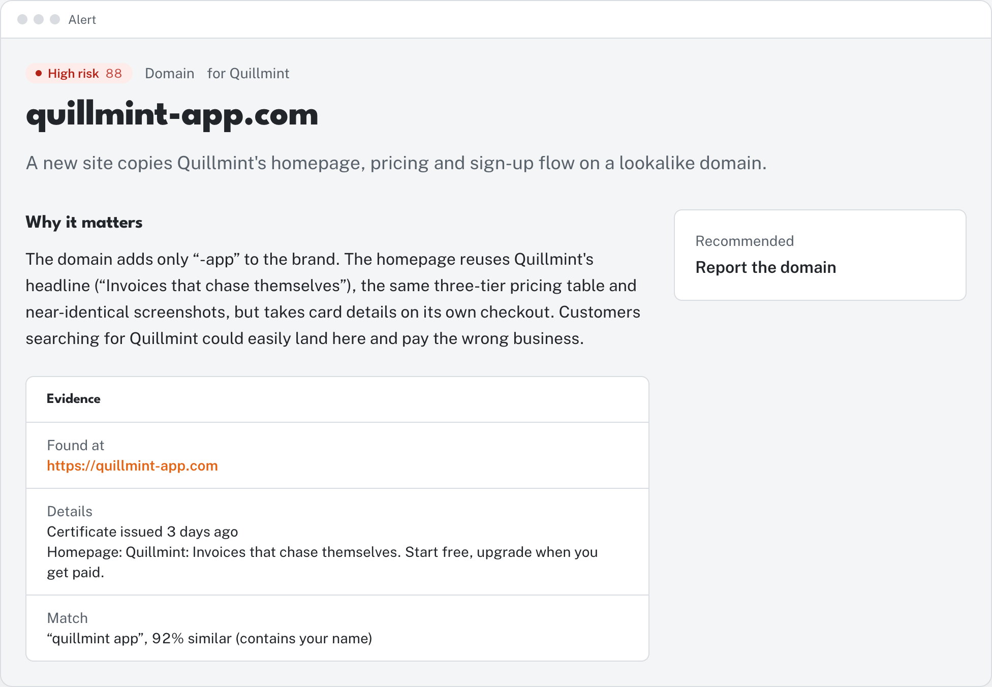 A lookalike domain alert: a clone of a homepage, its pricing and sign-up flow