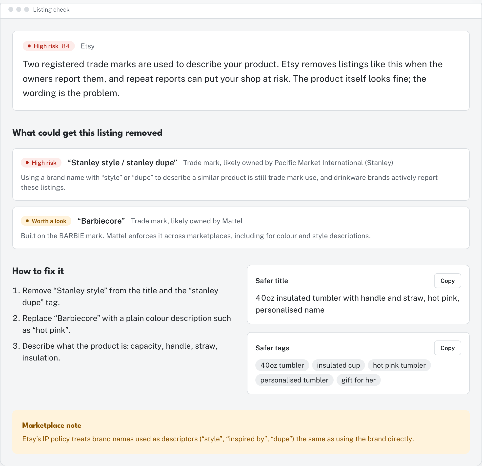 A listing check report with risky words, their owners and a safer title