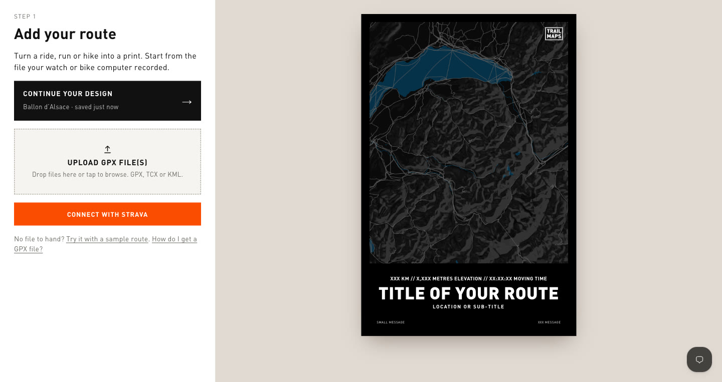 Step one of the builder: upload a GPX file or connect with Strava