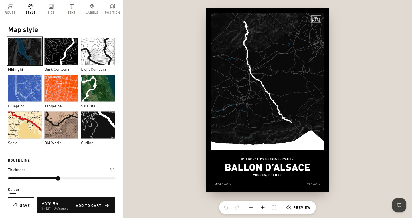 The Trail Maps builder with a route in the Midnight style